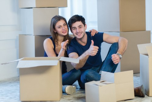 Packed boxes and furniture ready for a house move in Battersea